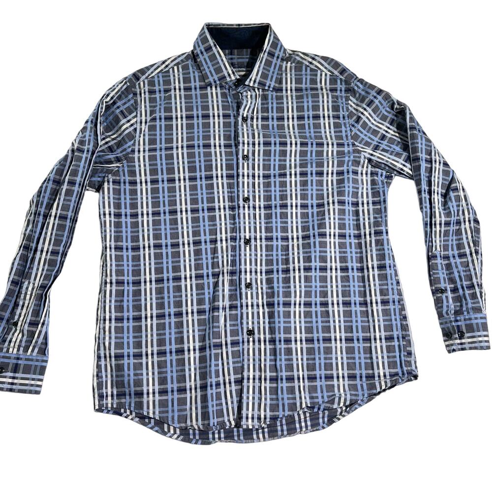 Tasso Elba Button Shirt Men's Large 16-16.5 Blues & White Check 100% Cotton